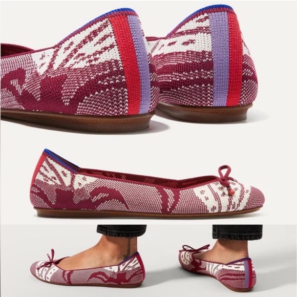 Rothy's Botanical Burgundy Bow Back Stripe Flats Red White Pattern Ballet Women - Picture 2 of 7